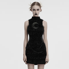 OQ-852LQF Gothic Moon Texture Punk Dress Edgy Black Fashion Statement Gothic Moon Embellished Fuzzy Sleeveless Punk Dresses Gothic Moon Punk Dresses Textured Sleeveless Black Mini Dress