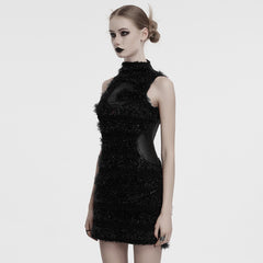 OQ-852LQF Gothic Moon Texture Punk Dress Edgy Black Fashion Statement Gothic Moon Embellished Fuzzy Sleeveless Punk Dresses Gothic Moon Punk Dresses Textured Sleeveless Black Mini Dress