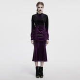 OQ-857LQF Gothic Dress Purple Velvet Ruched Long Sleeve Midi Dress
