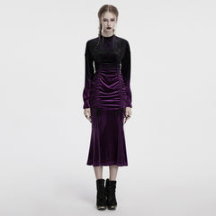 OQ-857LQF Gothic Dress Purple Velvet Ruched Long Sleeve Midi Dress