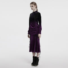 OQ-857LQF Gothic Dress Purple Velvet Ruched Long Sleeve Midi Dress