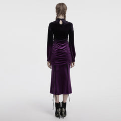 OQ-857LQF Gothic Dress Purple Velvet Ruched Long Sleeve Midi Dress