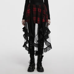 OQ-873BQF Gothic Tartan High-Low Punk Skirt with Sheer Ruffle Layers