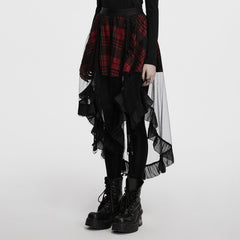 OQ-873BQF Gothic Tartan High-Low Punk Skirt with Sheer Ruffle Layers