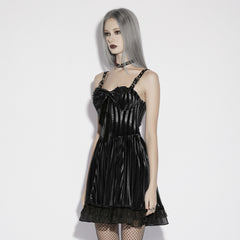 OQ-879LQF Gothic Dress Black Lace Corset Straps Pleated Skirt