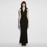 OQ-881LQF Gothic Dress Elegant Halter Neckline Buttoned Long Silhouette