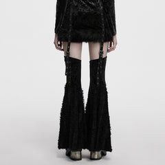 OQ-921BQF Gothic Punk Skirt with Ruffle Hem Straps and Flared Pants Edgy Punk Skirt with Adjustable Straps and Faux Fur Trim Punk Pants Flared Black Velvet Strap Design