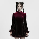 OQ-928LQF Gothic Dress Velvet Maroon Bell Sleeve Fur Trim Hem Velvet Gothic Dress with Faux Fur Cuffs and Hemline Trim Velvet Flare Gothic Dress with Fur Trim Elegant Style