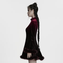 OQ-928LQF Gothic Dress Velvet Maroon Bell Sleeve Fur Trim Hem Velvet Gothic Dress with Faux Fur Cuffs and Hemline Trim Velvet Flare Gothic Dress with Fur Trim Elegant Style