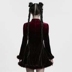 OQ-928LQF Gothic Dress Velvet Maroon Bell Sleeve Fur Trim Hem Velvet Gothic Dress with Faux Fur Cuffs and Hemline Trim Velvet Flare Gothic Dress with Fur Trim Elegant Style