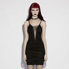 OQ-952LQF Gothic Dress Lace-Up Plunge Black Mini Bodycon Nightwear