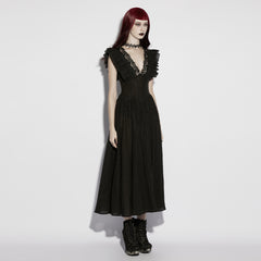 OQ-970LQF Gothic Dress Elegant Black Ruffled Deep V-Neck Maxi Gown