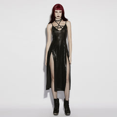OQ-976LQF Sleek Strappy Gothic Dress with High Slits and Sheer Overlay