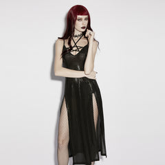 OQ-976LQF Sleek Strappy Gothic Dress with High Slits and Sheer Overlay