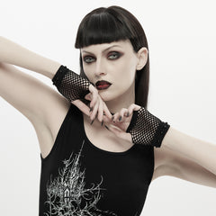 OS-1005SSF Gothic Mesh Fingerless Gloves Punk Accessories Black Studded Design