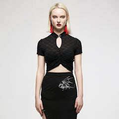 OT-007TDF Edgy Keyhole Cropped Punk T-Shirts with Textured Pattern Design