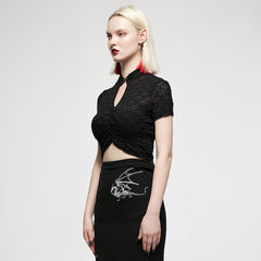 OT-007TDF Edgy Keyhole Cropped Punk T-Shirts with Textured Pattern Design