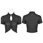 OT-007TDF Edgy Keyhole Cropped Punk T-Shirts with Textured Pattern Design