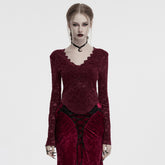 OT-1014TCF Gothic Shirts Lace Long Sleeve Velvet Top Red