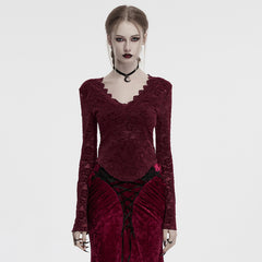 OT-1014TCF Gothic Shirts Lace Long Sleeve Velvet Top Red