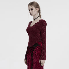 OT-1014TCF Gothic Shirts Lace Long Sleeve Velvet Top Red