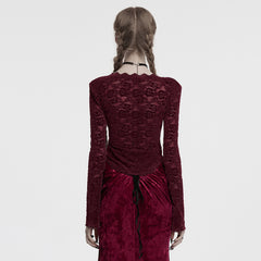 OT-1014TCF Gothic Shirts Lace Long Sleeve Velvet Top Red