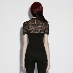 OT-1058TDF Gothic T-Shirts Black Lace Sheer Top Dark Elegance Fashion