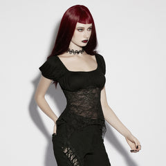 OT-1074TDF Gothic T-Shirts Black Lace Overlay Puff Sleeve Top