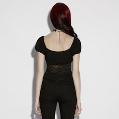 OT-1074TDF Gothic T-Shirts Black Lace Overlay Puff Sleeve Top