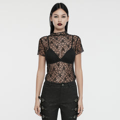 OT-864TDF Elegant Mesh Lace Punk T-Shirts with Gothic Floral Pattern