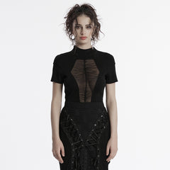 OT-955TDF Gothic T-Shirts Black Mesh Panel Lace-Up Design