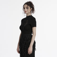 OT-955TDF Gothic T-Shirts Black Mesh Panel Lace-Up Design