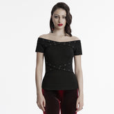OT-967TDF Edgy Off-Shoulder Gothic T-Shirts with Eyelet Detailing
