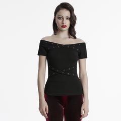OT-967TDF Edgy Off-Shoulder Gothic T-Shirts with Eyelet Detailing