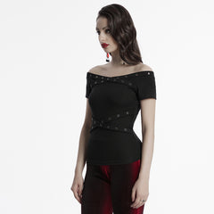 OT-967TDF Edgy Off-Shoulder Gothic T-Shirts with Eyelet Detailing