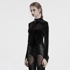 OT-983TCF Gothic T-Shirts Black Velvet Top Red Symbolic Design