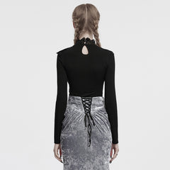 OT-988TCF Gothic Shirts Elegant Black Lace Drape Long Sleeve Top