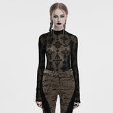 OT-990DQF Gothic Shirts Sheer Black Cross Embroidered Long Sleeve Top