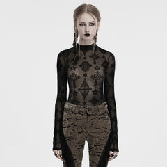 OT-990DQF Gothic Shirts Sheer Black Cross Embroidered Long Sleeve Top