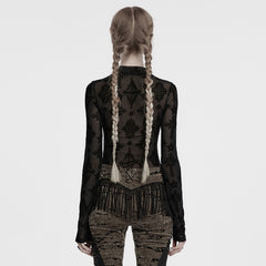 OT-990DQF Gothic Shirts Sheer Black Cross Embroidered Long Sleeve Top