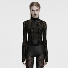 OT-990TCF Gothic T-Shirts Sheer Black Cross Pattern Long Sleeve