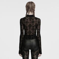 OT-990TCF Gothic T-Shirts Sheer Black Cross Pattern Long Sleeve