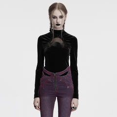 OT-993DQF Velvet Gothic T-Shirt Moon Cutout Design Long Sleeve Black