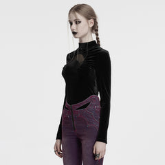 OT-993DQF Velvet Gothic T-Shirt Moon Cutout Design Long Sleeve Black