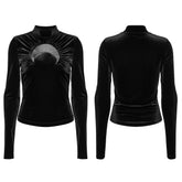 OT-993DQF Velvet Gothic T-Shirt Moon Cutout Design Long Sleeve Black