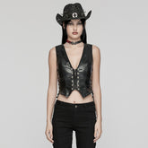 OY-1644MJF Sleek Black Faux Leather Punk Vests with Rivet Details