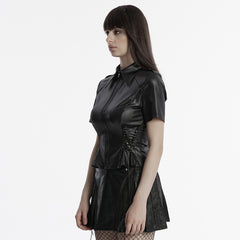 OY-1714CDF Edgy Black Faux Leather Zippered Punk Shirt Top