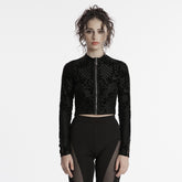 OY-1719XDF Velvet Gothic Jacket Cropped Zipper Elegant Black Patterned Design