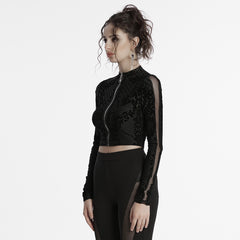 OY-1719XDF Velvet Gothic Jacket Cropped Zipper Elegant Black Patterned Design