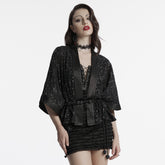 OY-1726XDF Black Satin Gothic Coat with Kimono Sleeve Details